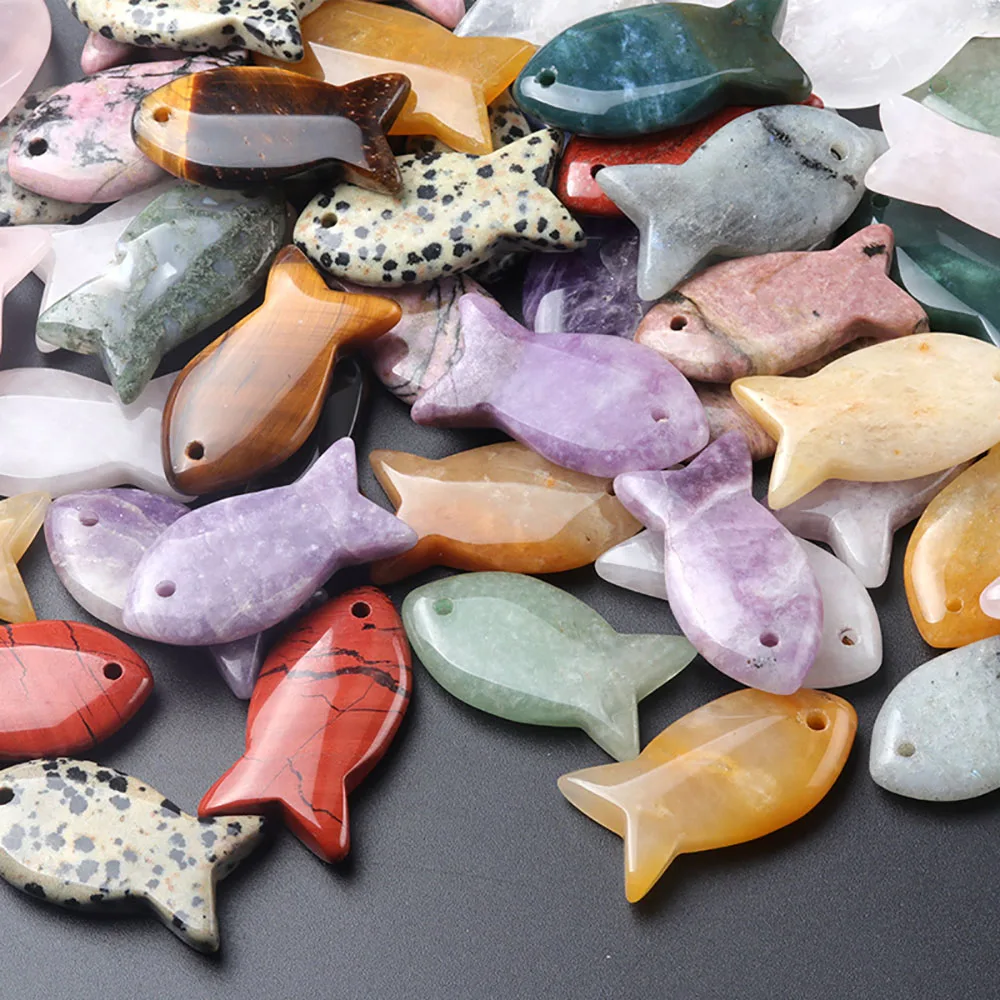 6PCS Carved Healing Crystals Fish Figurine Natural Stone Animal Statue Amethyst Gemstone Pendant Home Decor DIY Hanging Ornament