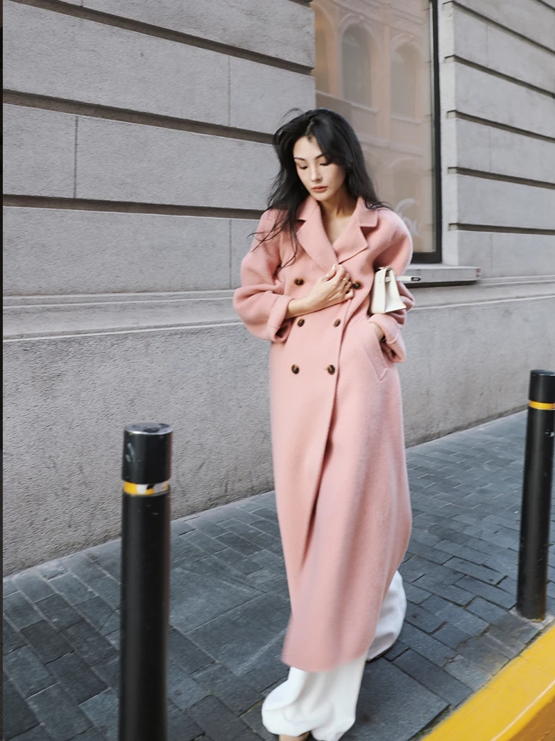 High Quality Handmade Hepburn Double Breasted Woolen Cashmere Coat Tall Women Pink Maxi Autumn Winter Wool Overcoat 130cm X-long