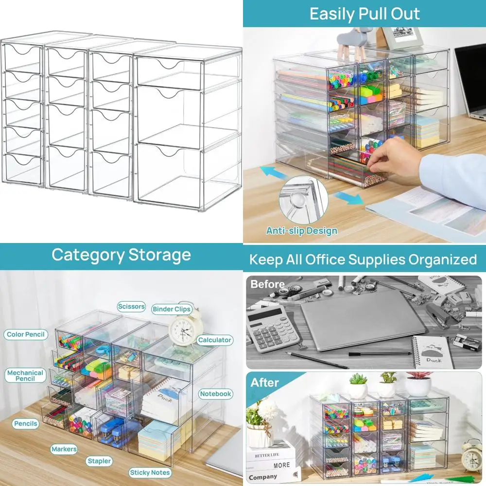 

Clear Acrylic Storage Drawers Set of 4, 16-Compartment Organizer for Office Supplies and Desk Accessories