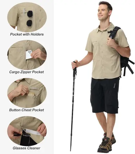 Imagen 2 del producto Camisas de pesca ligeras de manga corta para hombre, camisa tipo cargo transpirable UPF 50+, camisas tácticas con botones y bolsillo con cremallera