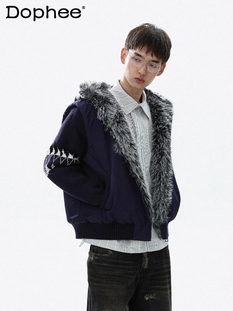 

American Retro Fashion Thickened Fur Collar Cotton Jacket Youth Trendy Handsome Men Winter Loose Versatile Zipper Hooded Coat