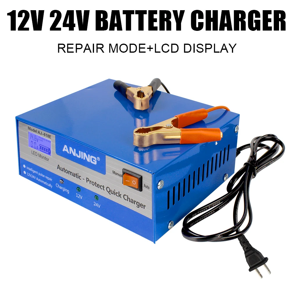 Auto Car Battery Charger Intelligent Pulse Repair 200AH 12/24V Full Automatic Lead Acid Battery With Adapter EU/US Plug