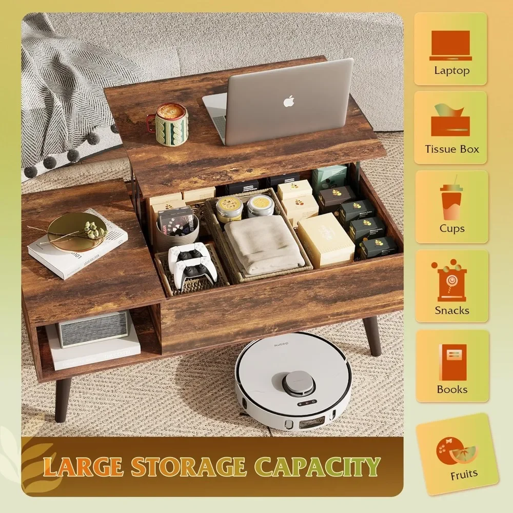 Coffee Table, 39" Lift Top Coffee Table with Hidden Compartment, Small Rising Wooden Dining Center Table for Home Living Room