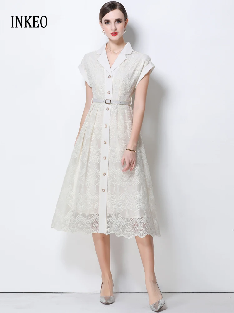 

Luxury Lace embroidery Midi dress with belt women 2026 Summer Elegant Short sleeve V-neck dresses clothing Party INKEO 6D022