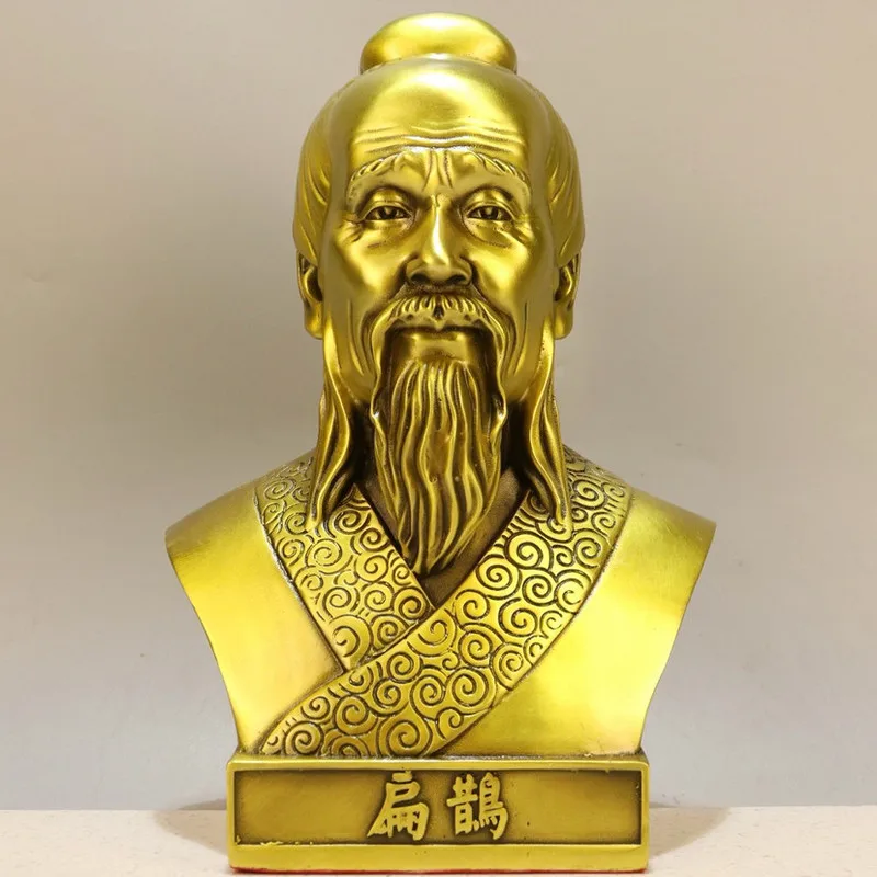 Brass busts of the five famous doctors: Zhang Zhongjing, Li Shizhen, and Hua Tuo, displaying their skillful hands helping the wo