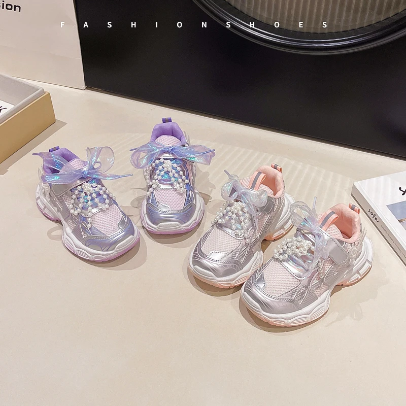 Sepatu Putri Anak Perempuan Sepatu Kets Anak Warna Permen Manis Trendi 2025 Sepatu Lari Anak Musim Semi Musim Gugur Mutiara Bersirkulasi Jaring