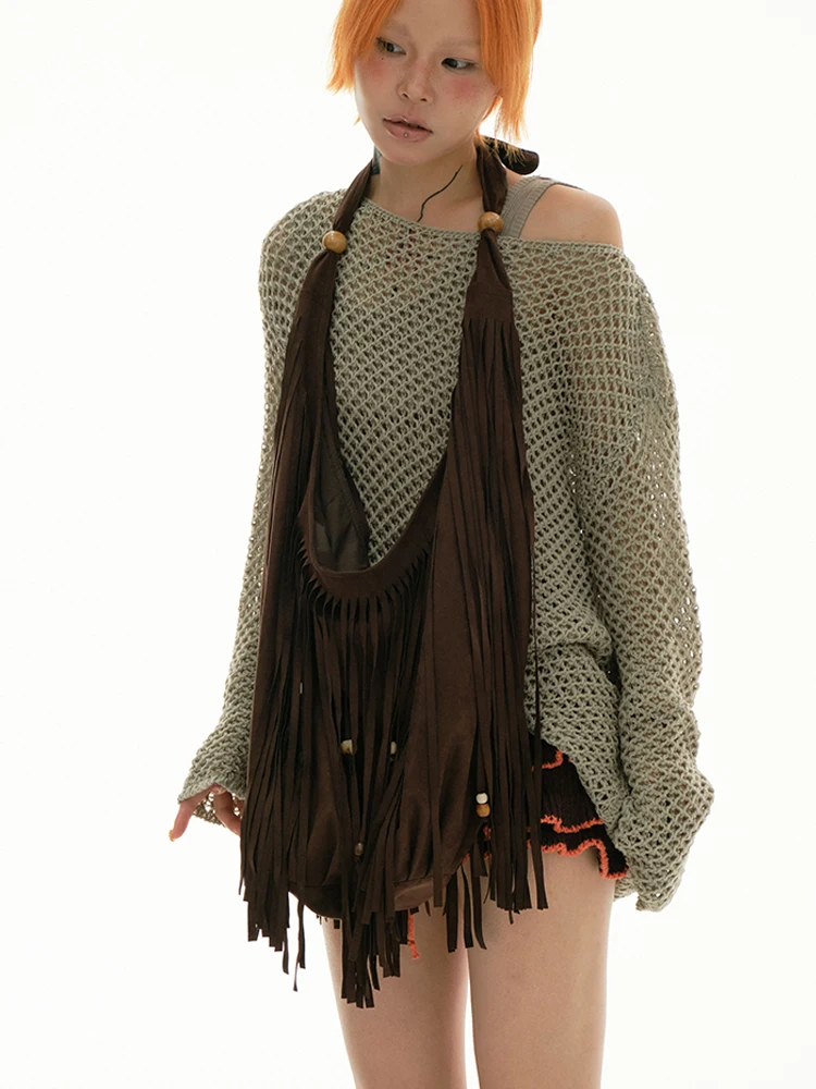 

Женская сумка из замши и замши в американском стиле с кисточками и бусинами в стиле ретро с индивидуальным ощущением, модная сумка через плечо на одно плечо