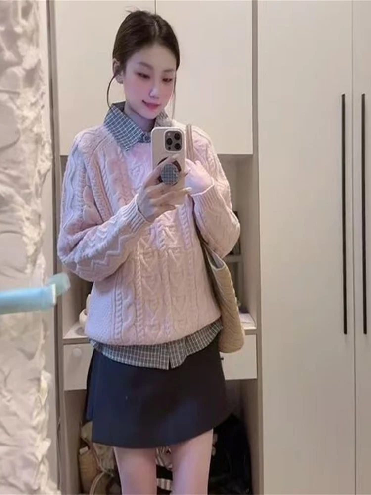 

Корейский женский вязаный свитер в клетку Long Sve round Ne Soft Pink Twist, осенне-зимний комплект из двух предметов