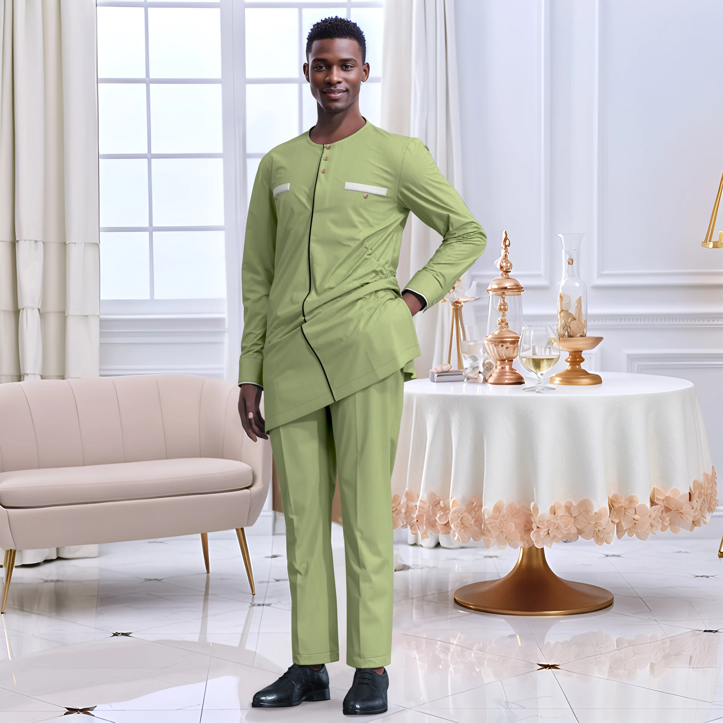 African Shirts and Pant Men's Set Clothing Short Sleeve Top with Trouser 2 Pieces Outfits Man Wedding Wear Customized WYN2343