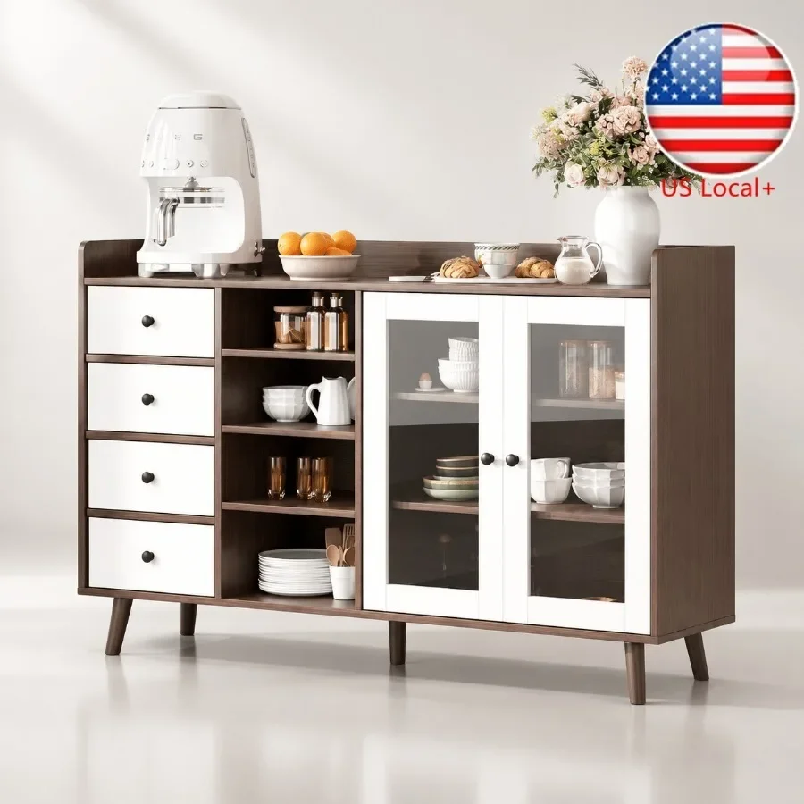 55 Glass Door Sideboard for Living Room, Tempered Glass Wood Composite, Matte Black, Space-Saving Storage with 4 Drawers Adjust