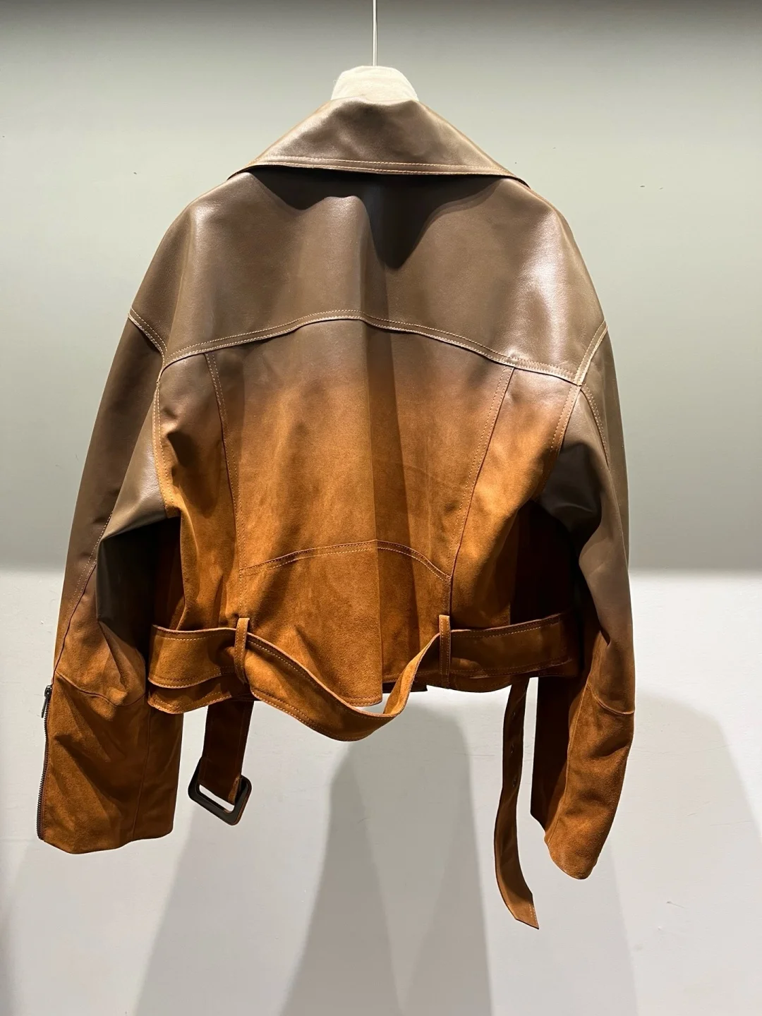 Women Luxurious Gradient Leather Moto Jacket Lambskin Oversized Vintage Biker Coat Street Chic Outerwear