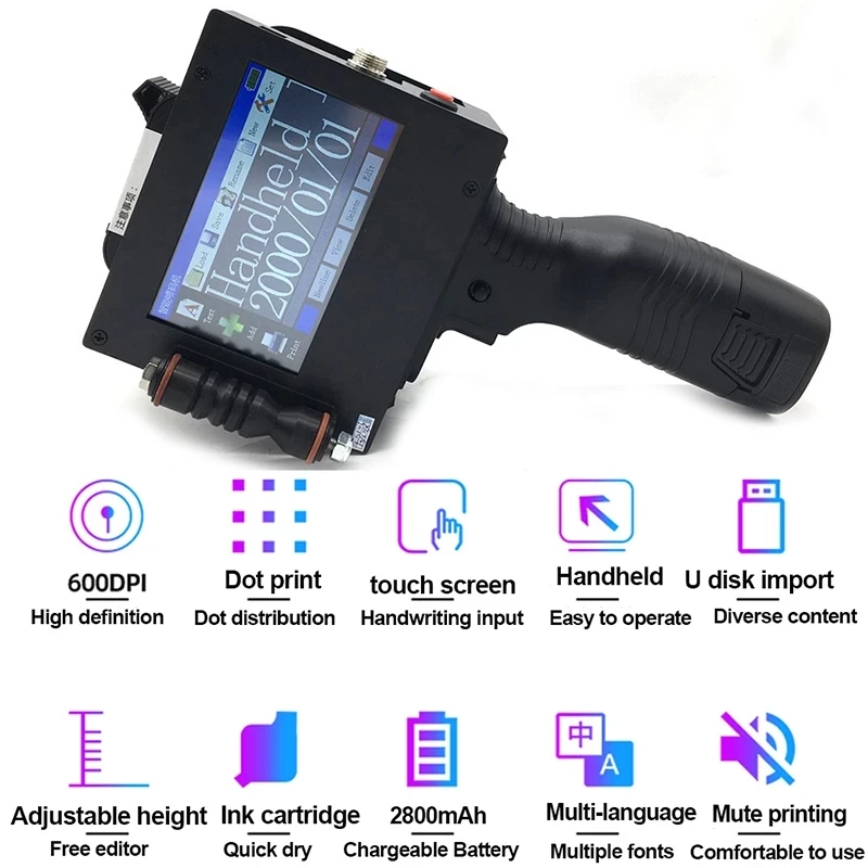25.4mm 1 inch Print height Handheld Inkjet Printer 4.3inch Touch Screen  Laser Coder Label USB QR Bar Code Logo Russian Italian