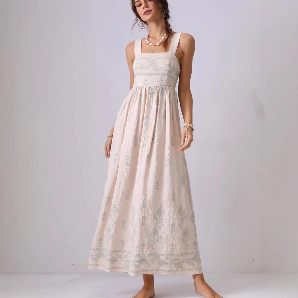 

Boho French Chic Floral Embroidery Strap Dresses Women Beige Summer Vocation Beach Sleeveless Backless Sexy Ladies Long Gown New