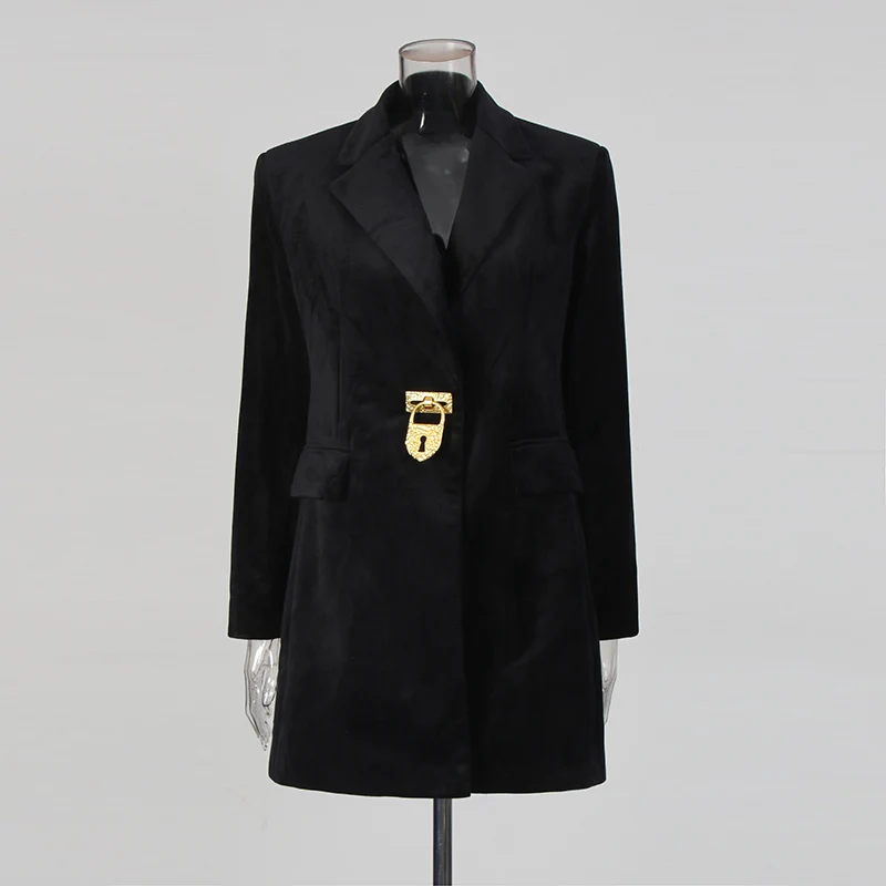 CHICEVER معطف أسود عتيق بأشرطة مرقعة للنساء مع طية صدر السترة وأكمام طويلة وأزرار مقسمة سترة مخملية موضة نسائية جديدة