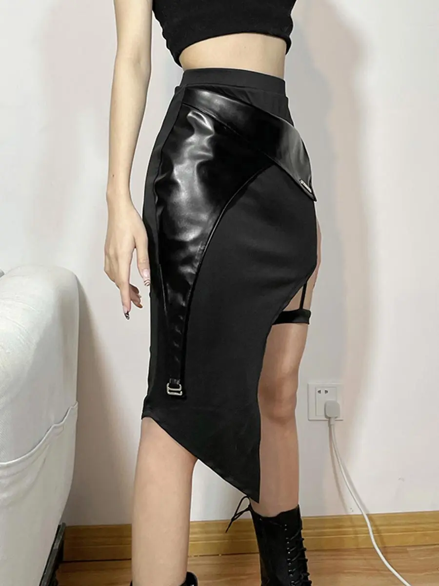 PU Leather Splicing Skirt Irregular High Waist Black Mid-Length Skirt Sexy Spice Girls Clothing Streetwear Y2K