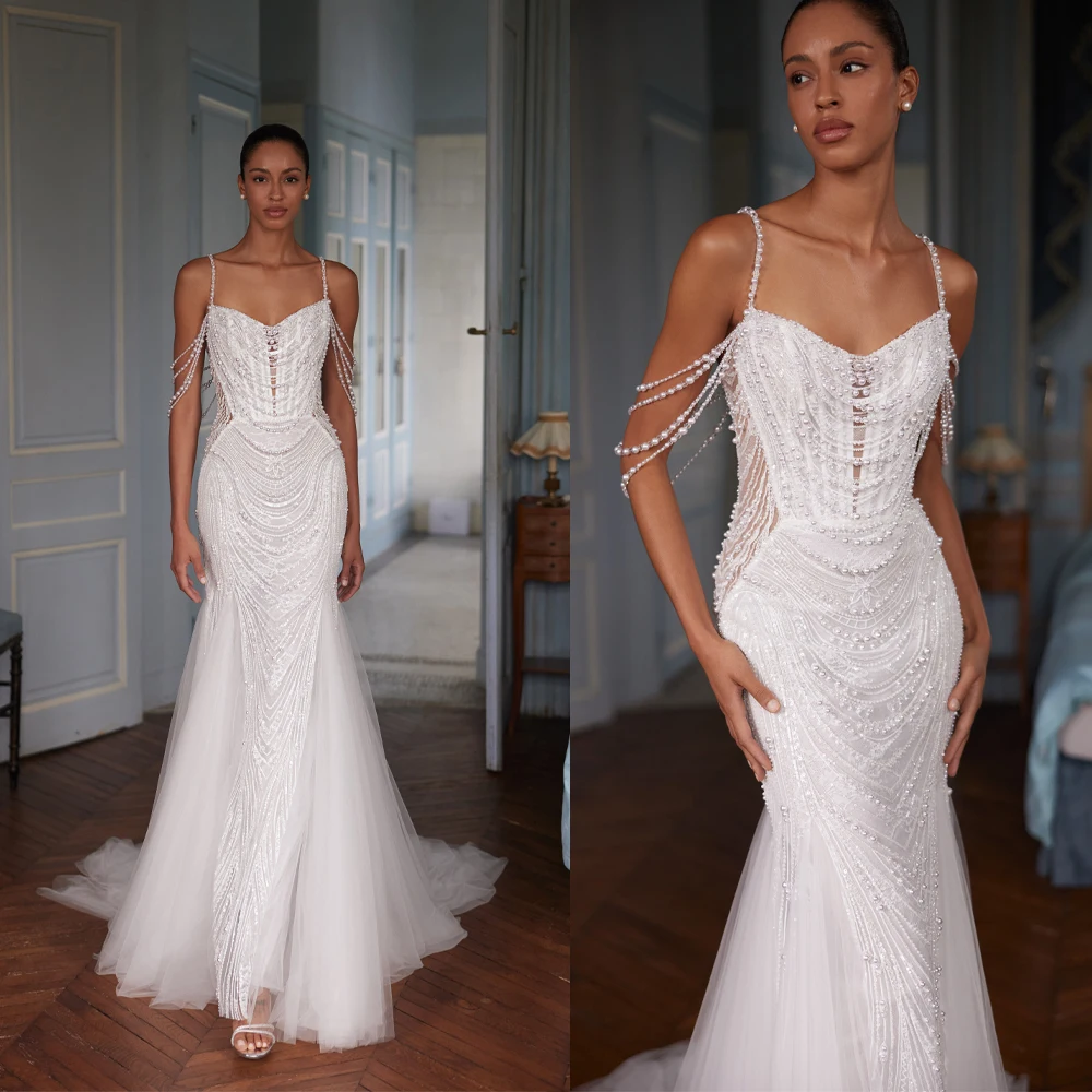 

Gorgeous Pearls Wedding Dresses Sequins Mermaid Bridal Gowns Spaghetti Straps Princess Backless Customized Vestidos De Novia