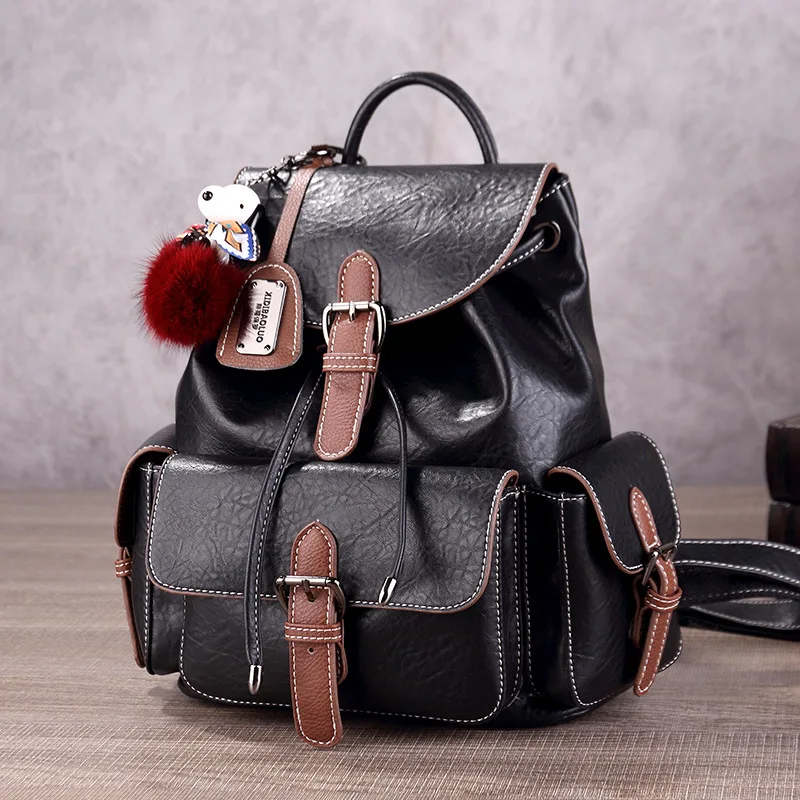 Retro Women Backpacks Anti Theft Leather Girl's School Bag Drawstring LadiesTravel Bags