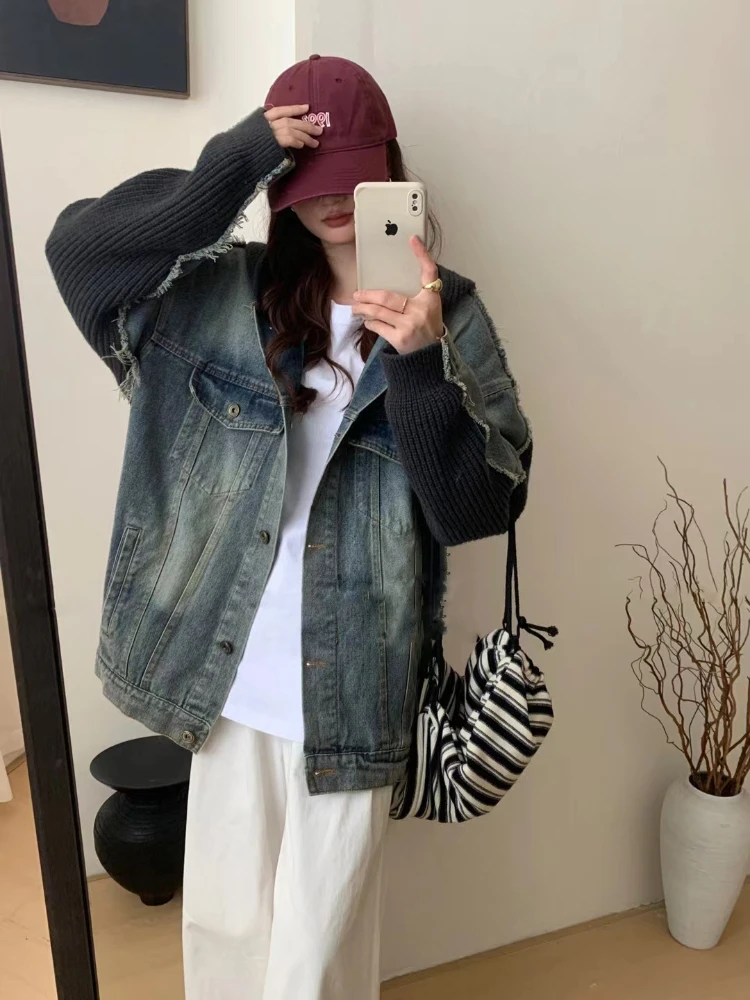 Autumn Winter New Hooded Stitching Denim Knitted Cardigan Loose Fashion Casual All-Match Design Sense Sweater Coat Women