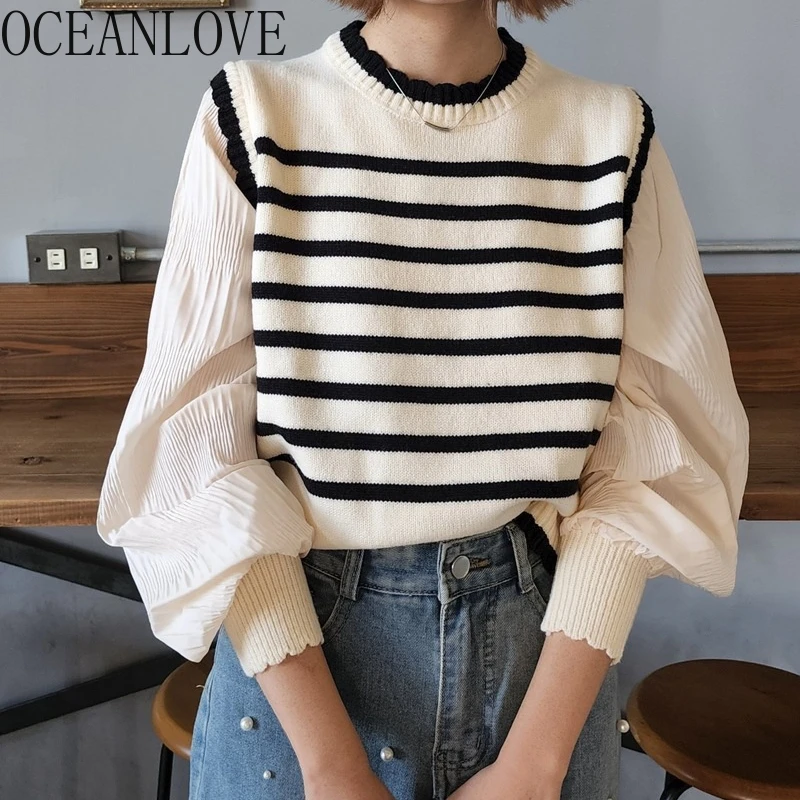 OCEANLOVE Fake 2 Pieces Sweaters Women Tops Stripes Korean Fashion Chic Pull Femme Loose Elegant Sweet Vintage Sueter Mujer