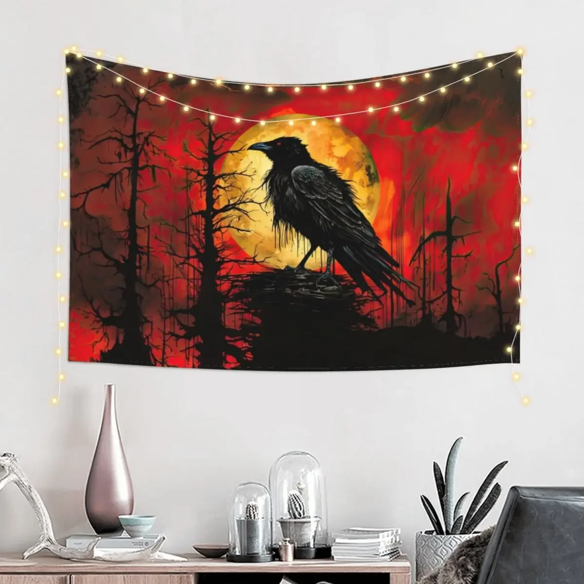 Blood Moon Raven of the Red Sky Tapestry Room Decor Korean Style Decorative Paintings Wall Decoration Tapestry