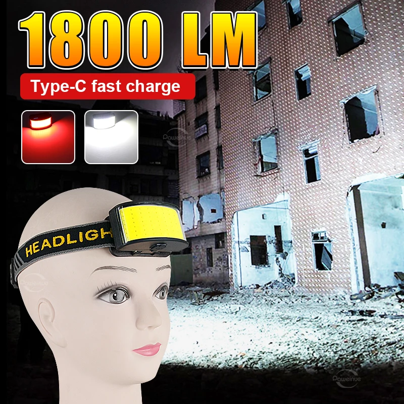 

1800LM Мини-светодиодный налобный фонарь USB Перезаряжаемый белый + красный свет Фара 4 режима Кемпинговый фонарик Налобный фонарь Встроенный аккумулятор