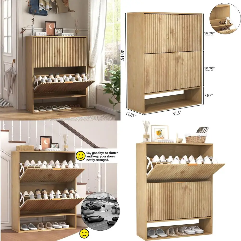

Space-Saving Oak Shoe Cabinet with Flip Drawers and Open Shelf for Entryway