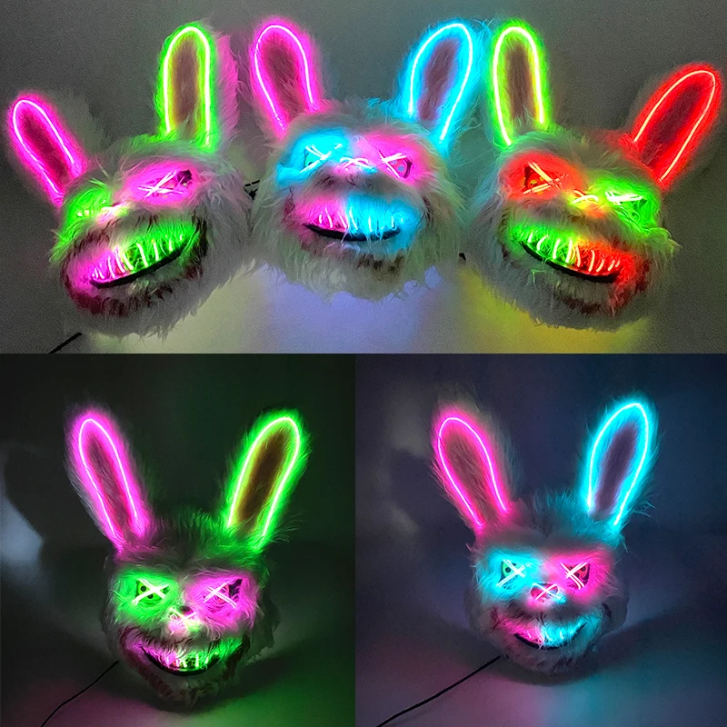 Halloween Rabbit Full Face Mask Plush Headgear Cosplay Bloody Rabbit Long Ears Bunny Mask Luminous LED Light Flashing Mask