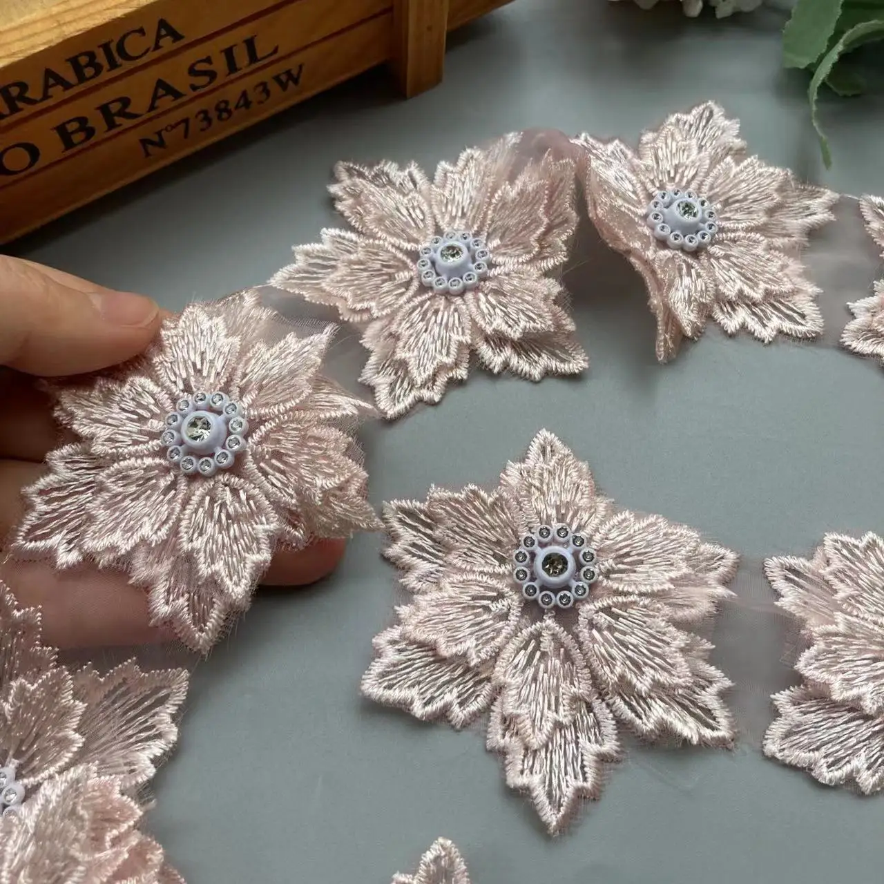 

10x Pink 7.5cm Double Layered Pearl Beaded Leaf Flower Embroidered Lace Trim Ribbon Fabric Patchwork Wedding Dress Sewing Craft