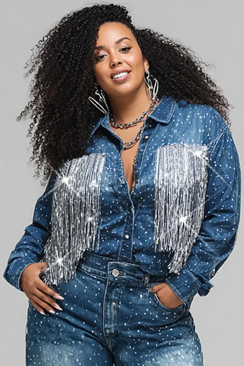 Plus Size Festival Blue Shirt Collar Long Sleeve Strappy Casual Drilling Denim Jacket