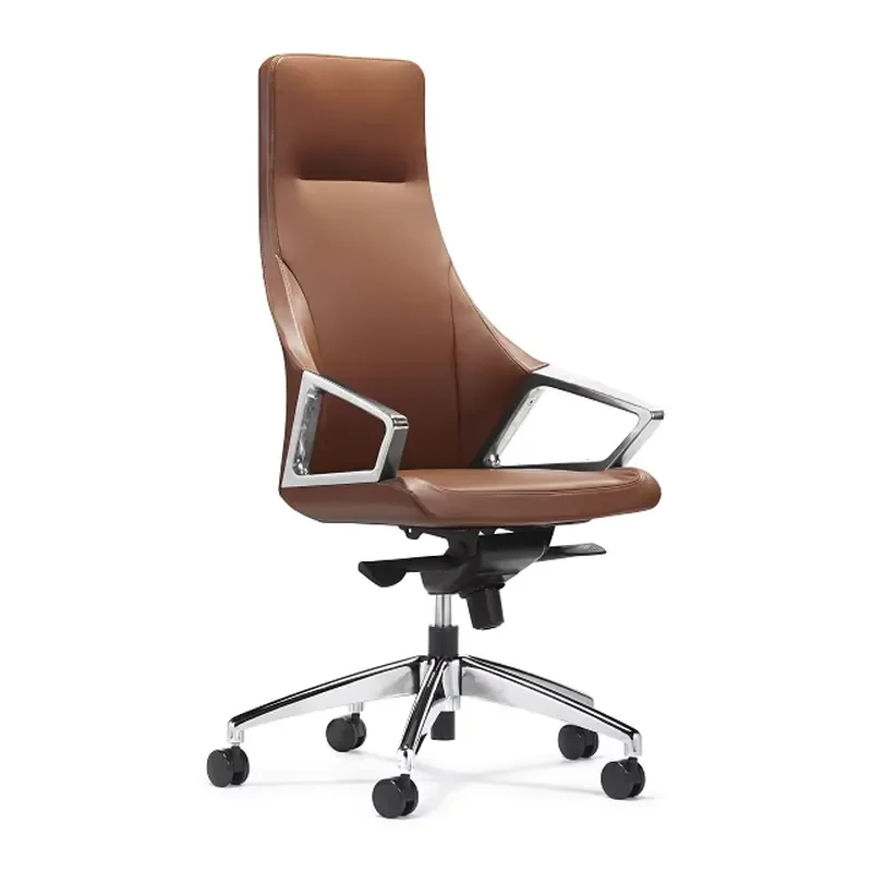 for Elegant Luxury High Back Office Chair with 5 Stars Genuine Leather Armrest Base Aluminum Alloy Ergonomic Design From