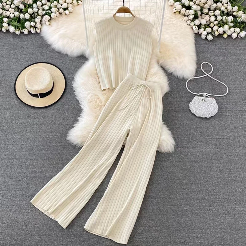 O-neck Tank Top Sleeveless Knitted Suit Two-Pieces Wide Leg Long Pant Drawstring Waist Trouser Sets Women Clothing Casual Simple