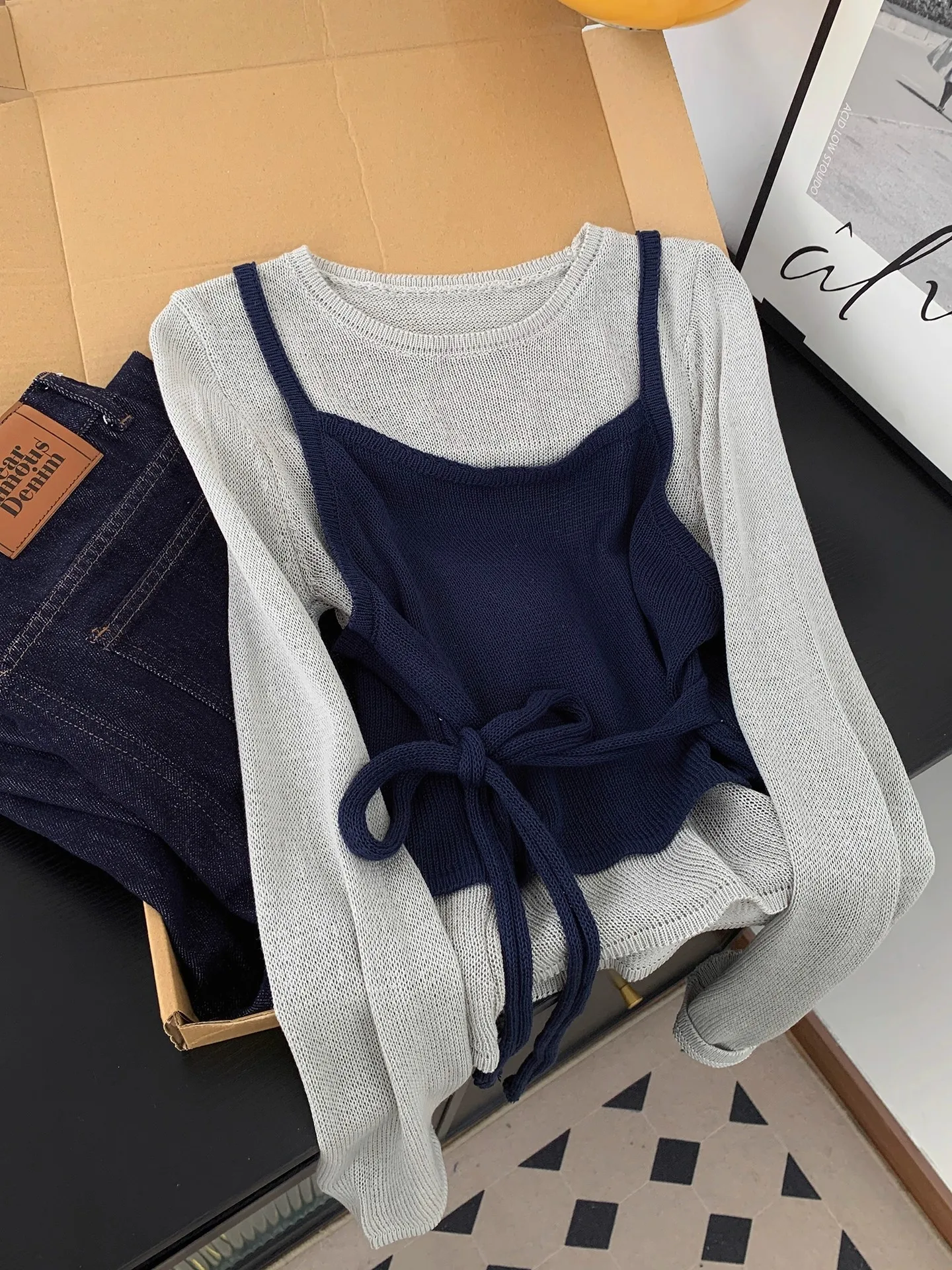 

Korean Sle Belted Patchwork Knitwear Women's Autumn Design Super Beautiful Trendy Waist-Cinching Long Sve Top