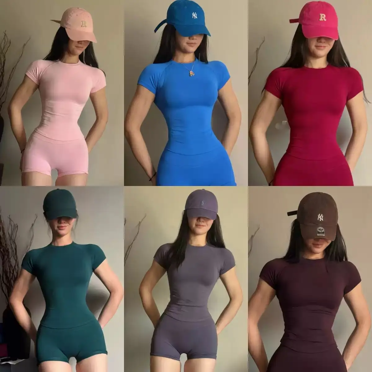 Damen Sommer 2-Teiliges Workout-Set Schlankes Kurzarm-Yoga-Oberteil Hochgeschnittene Po-Formende Shorts für Fitness, Gym und Laufen