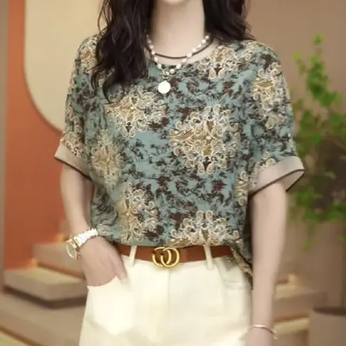 Blusa de manga corta con cuello redondo para mujer, ropa elegante Harajuku ajustada, camisetas holgadas informales que combinan con todo, blusa estampada con inserto de cuello redondo, 2024