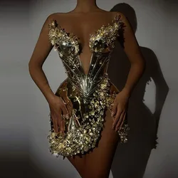 Unique Gold Leather Prom Dress with Heavy Beads Sexy Deep V Neck Full Crystals Chic Evening Party Dresses 2023 Short Prom Gowns