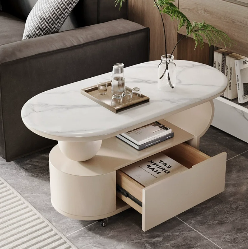 

Small-Sized Oval Tea Table Trolley for Living Room-Light Luxury High Quality Rolling Sofa Side Table with Chinese Style