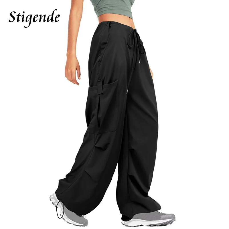 

Stigende Wide Leg Loose Hip Hop Cargo Pants Women Adjustable Waist Straight Pants Drawstring Pocket Baggy Parachute Trousers