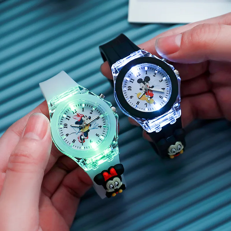 Disney Minnie Mickey Mouse Kids Cute Wristwatch Figurines Luminescent Boys Girls Wrist Watch Lovely Fashion Birthday Party Gifts