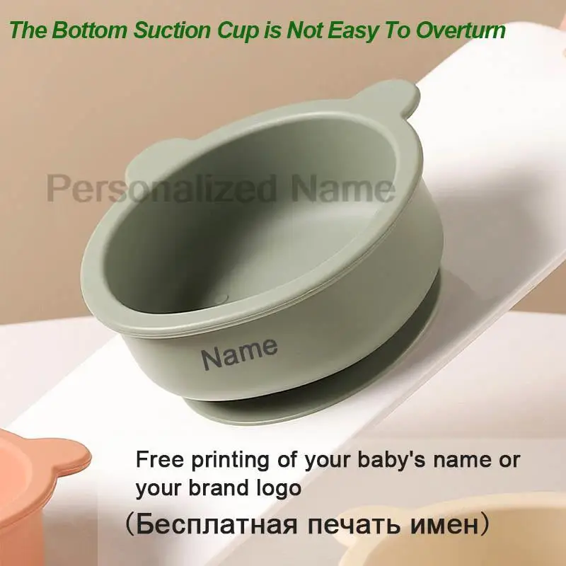 2Pcs Bear Bowl Spoon Baby Soft Silicone Sucker Bowl Plate Sets Children\'s FeedingTableware Personalized Name Snack Bowl BPA Free