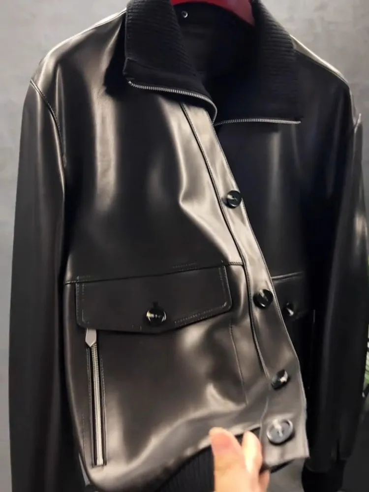 Mens New Spring Genuine Leather Jacket Patchwork Lapel Single Breasted High Street Business Casual Punk Sheepskin Short Coat