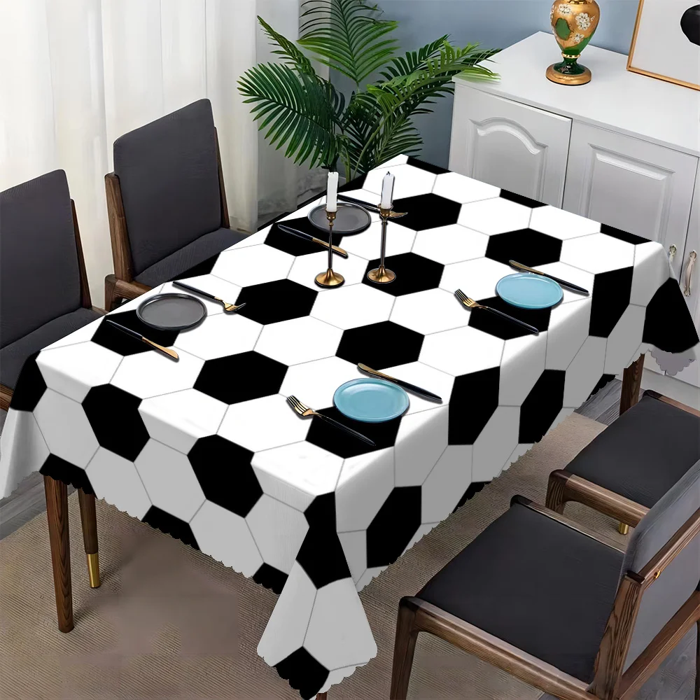 Black and white football pattern rectangular tablecloth, with fan-shaped edge polyester fiber.