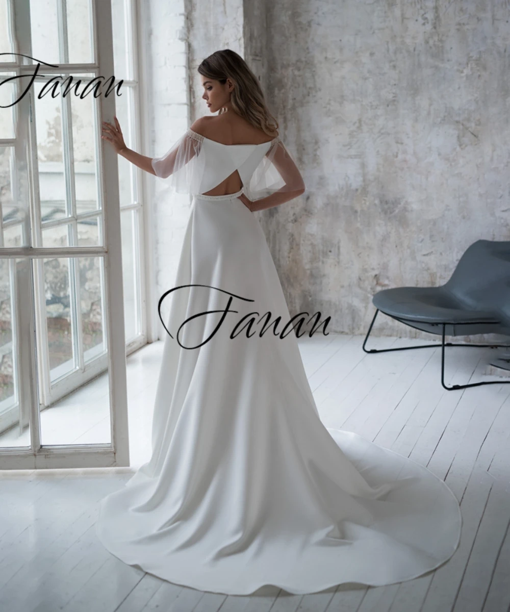 Barco Pescoço Simples A-Line Ruffles Até O Chão Trem Da Varredura Do Vestido de Casamento vestido de Noiva robe de soirée de mariage Свадебное платье