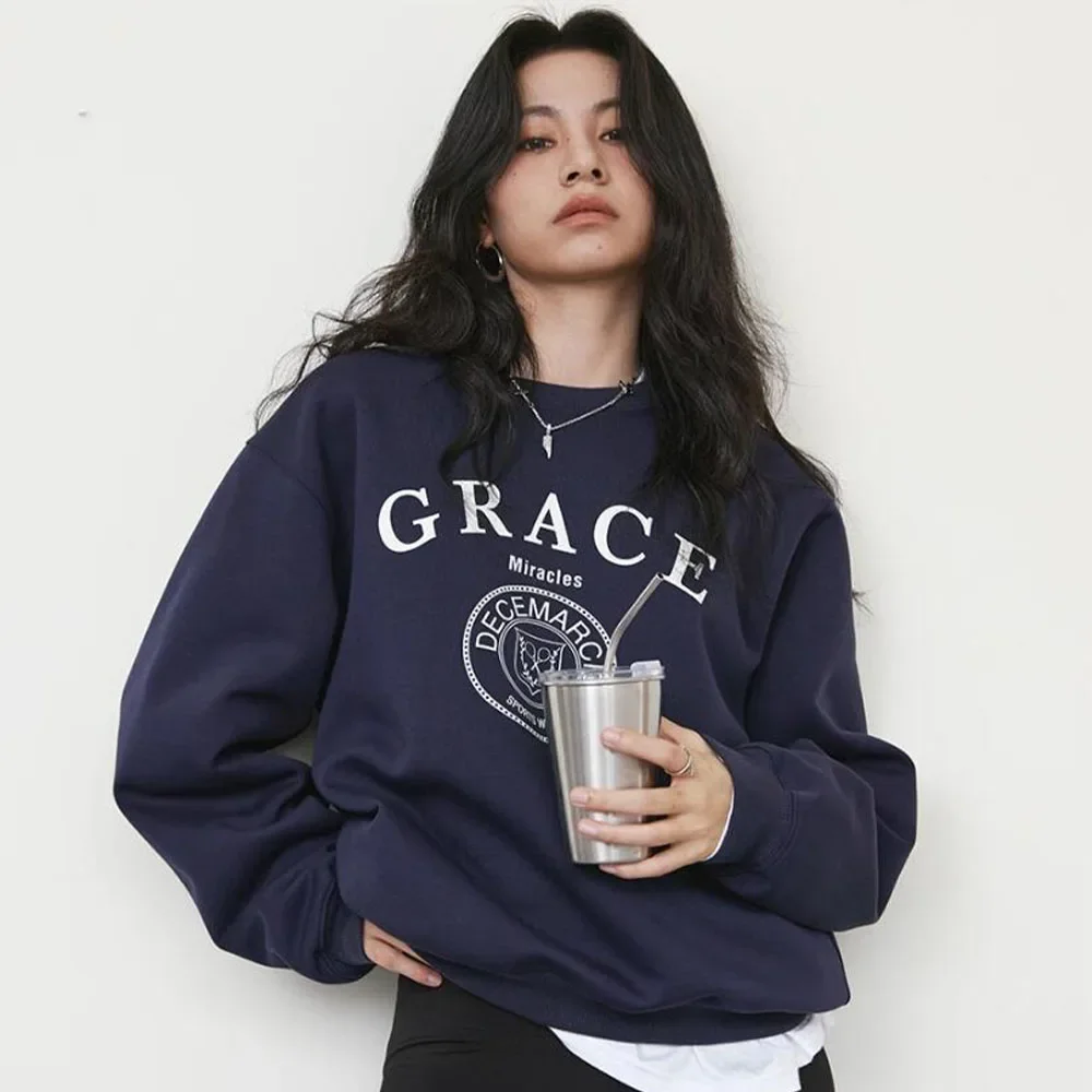 American Vintage Style Grace Navy Female Thick Warm Autumn Pullovers Long Sleeve Loose Cotton Crewneck Casual Women Sweatshirts