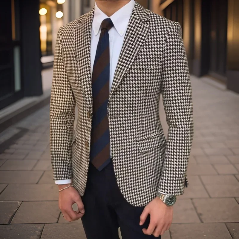 Houndstooth Suit Jacket for Men Wedding Tuxedo Blazer 1 Piece American Style Notch Style Check Plaid Fashion Suit 2024