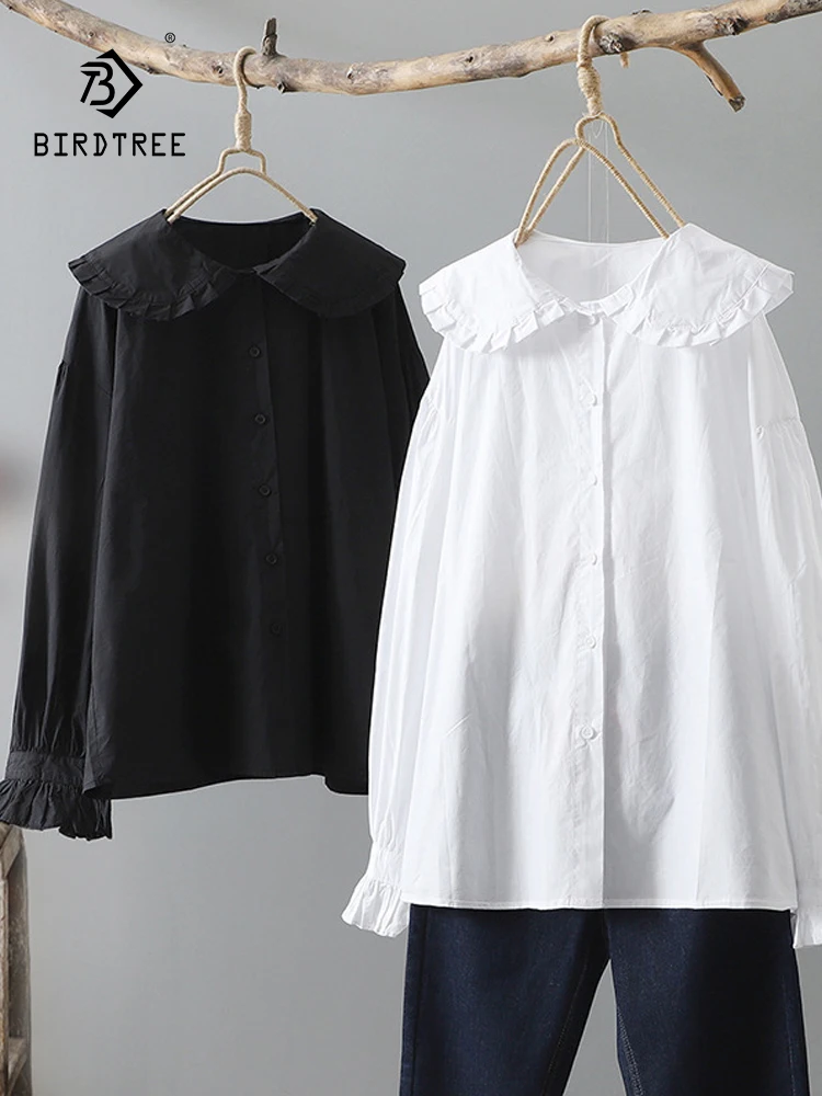 

New Spring Cotton Solid Shirt Women Peter Pan Collar Long Sleeve Literature Tops Girl Ruffled Edge Blouses 2024 Autumn T43984QC