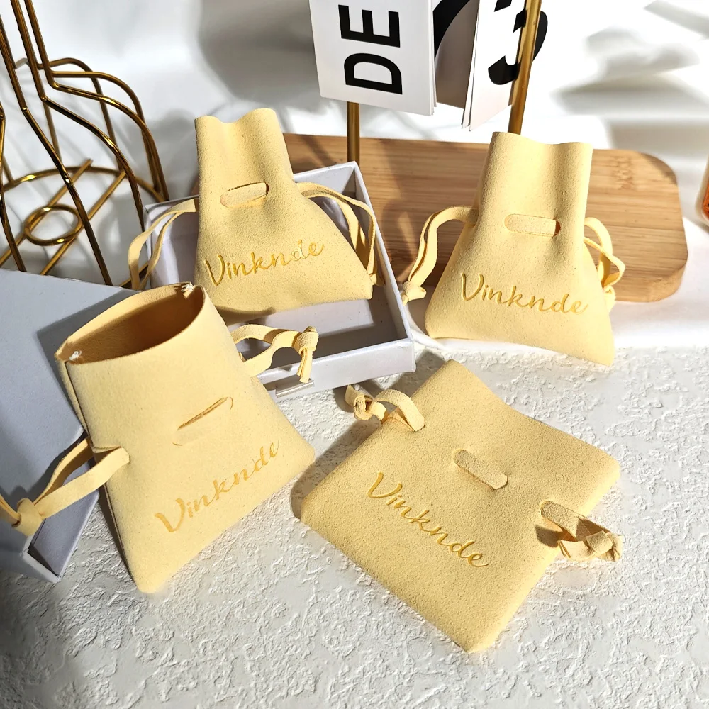 

100 Yellow Microfiber Small Size Gift Drawstring Bags 7x8cm Custom Logo Rings Sack Makeup Drawstring Pouches Candy Goodie Bags