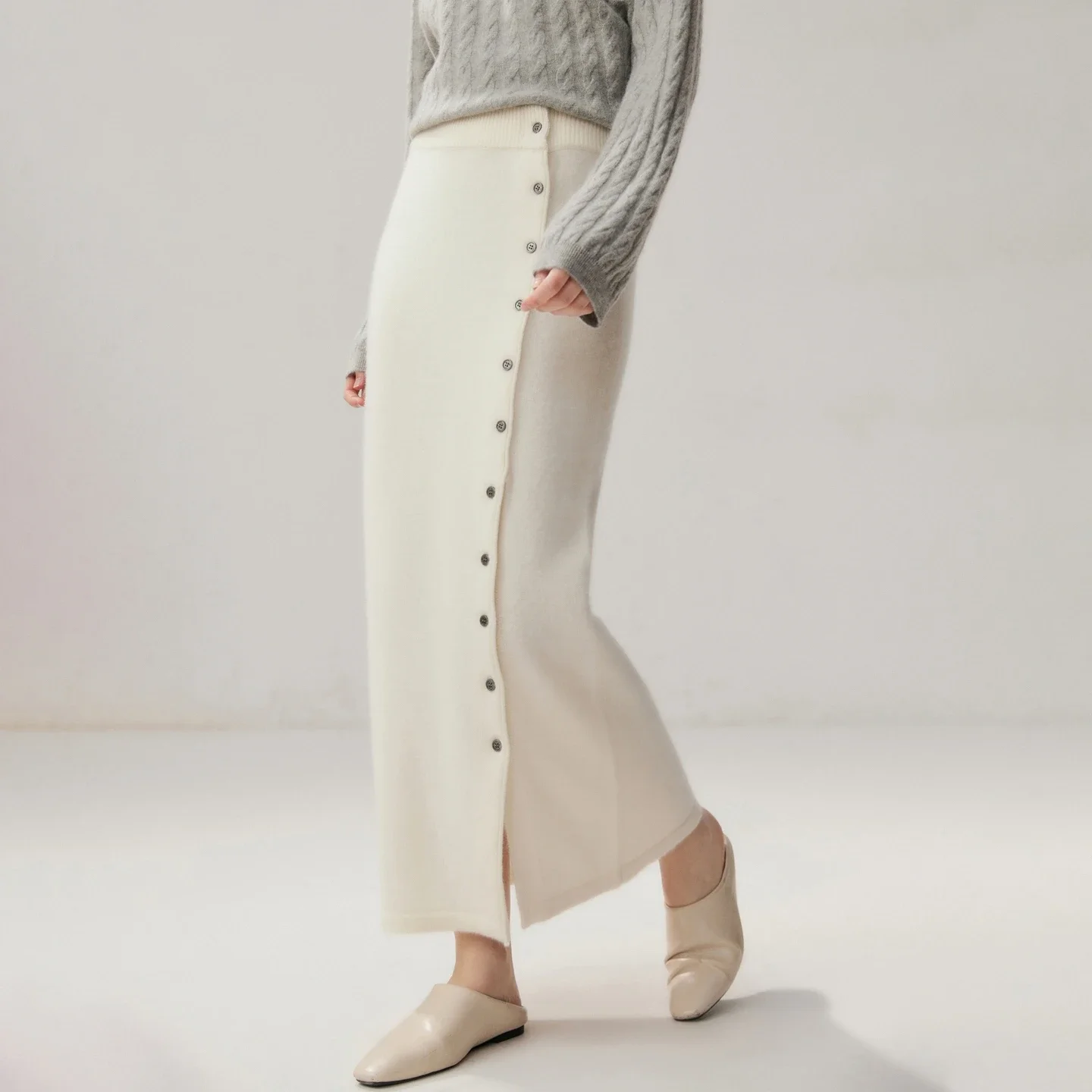 Old Money Style Women Skirt Winter Knit Long Skirt 100% Cashmere Straight Skirt Adjustable Single Breasted Button Elegant Dress