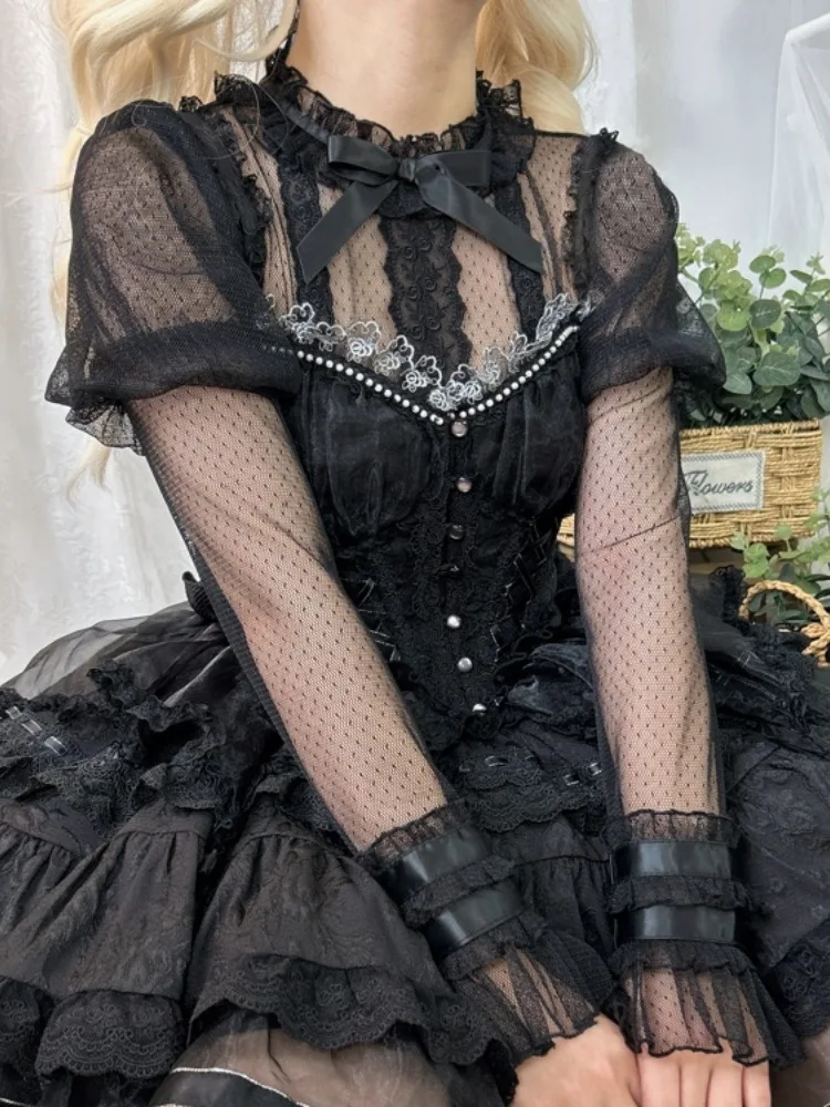 

Lolita See Through Sweet Women Shirts Lace Embroidery Harajuku Blouse Fairy Long Puff Sleeve Sweet Y2k Aesthetic Blusas De Mujer