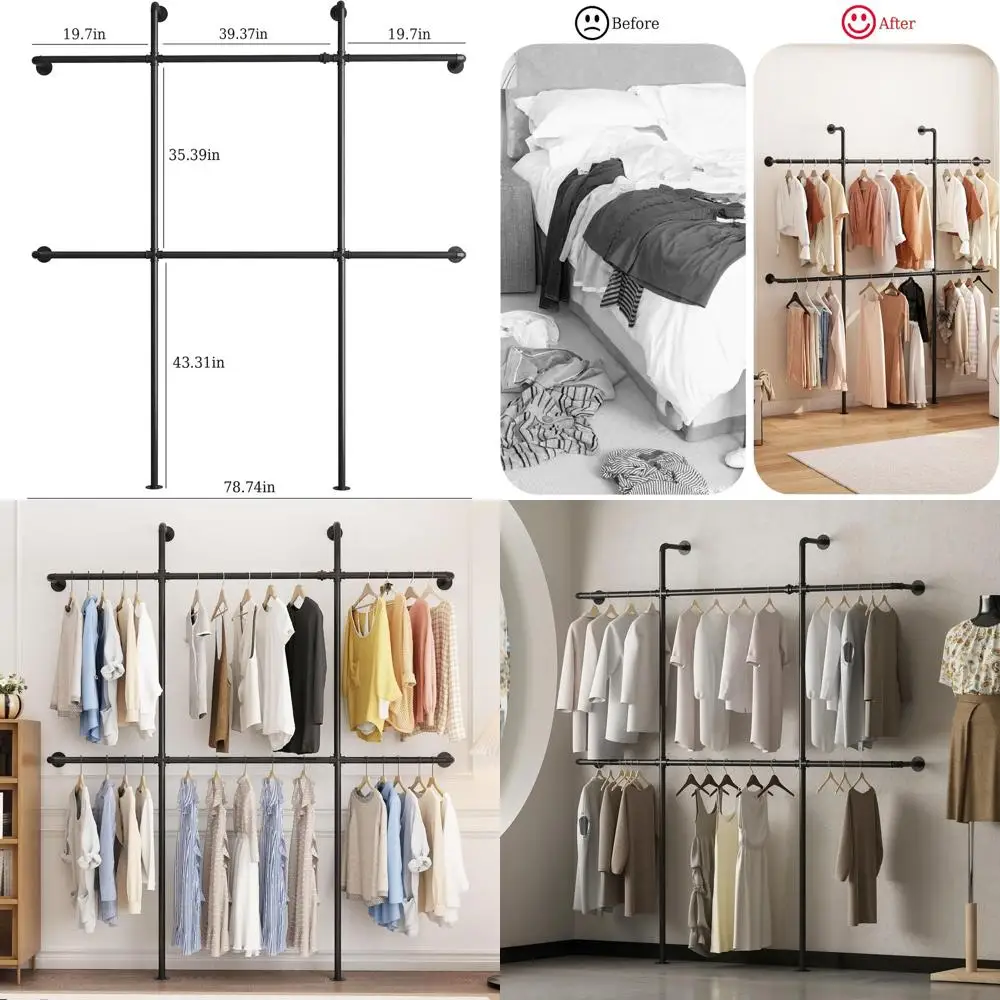 

Industrial Pipe Clothing Rack Wall Mount, Black Pipe Clothes Rack with 6 Hanging Rods, Heavy Duty Pipe Clothing Rack for Laundry