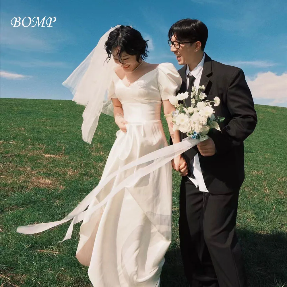 

BOMP Classic V-Neck Wedding Party Dress Short Puff Sleeves A-Line Ivory Satin Korea Photo Shoot Bridal Reception Gown Customized